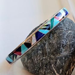 Navajo Multi Stone Inlay, Sterling Silver Cuff. Artist Signed