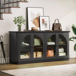 63 Inch Sideboard Buffet Cabinet, Modern Arched Buffet with Glass Doors, Large Curved Cabinets with Storage, Console Credenza w/Adjustable Shelves for