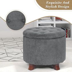 20 Inch Small Ottoman with Storage, Round Linen Fabric Storage Ottoman with Removable Lid, Stylish Footstool Foot Rest for Living Room, Bedroom, Dorm,