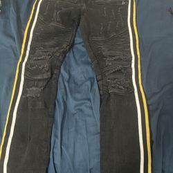 Black Yellow Striped Ripped Jeans | Size 28