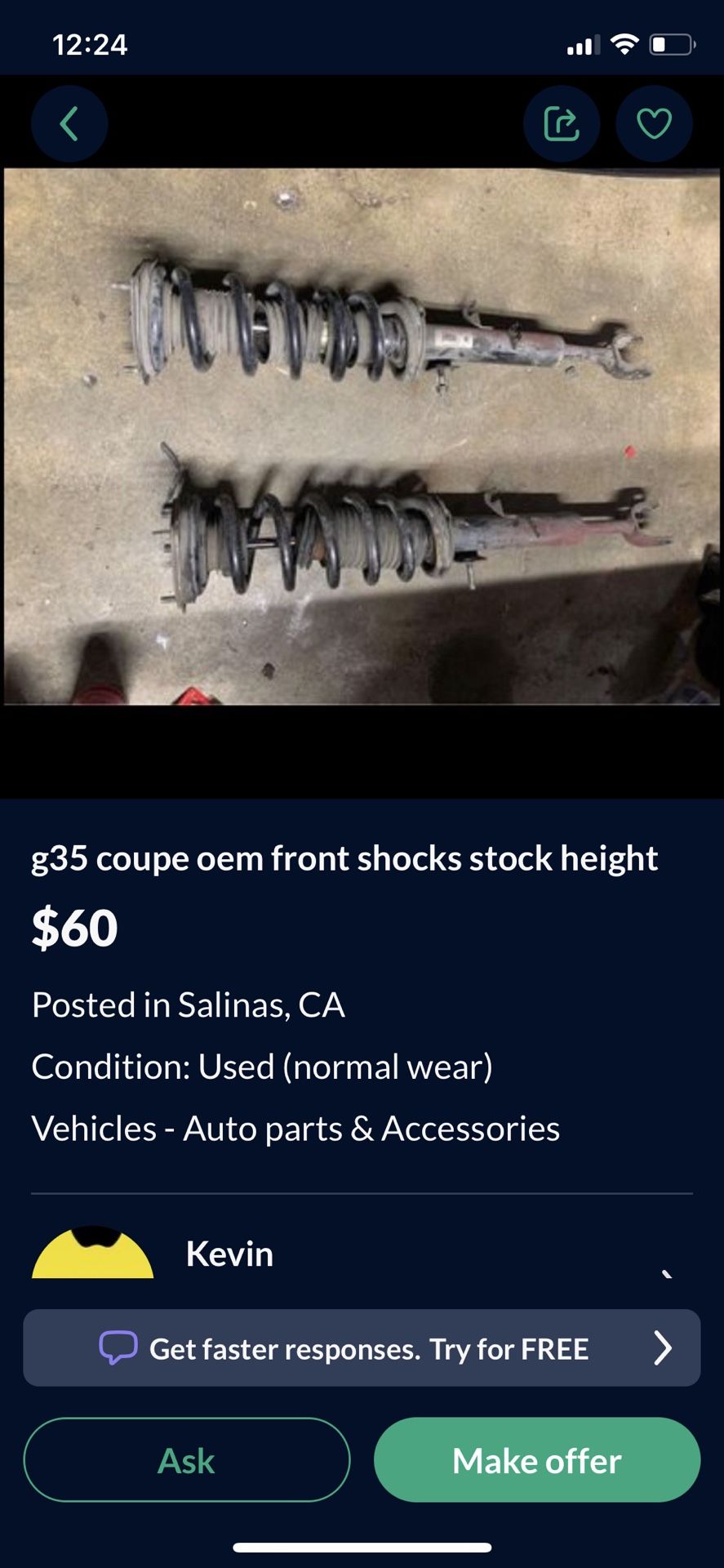 G35 Coupe Own Front Shocks Only Stock Height