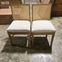 Upholstered Dining Chairs with Square Rattan Back, Cushion Dining Chairs with Wood Legs, Set of 2, Natural Frame 