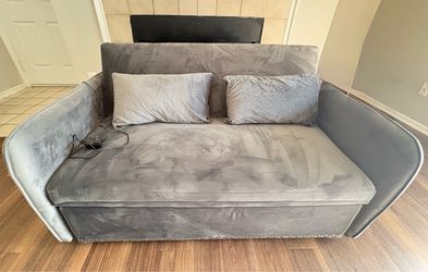 Gray Velvet Convertible Sleeper Sofa with Cushions, Contemporary, Used