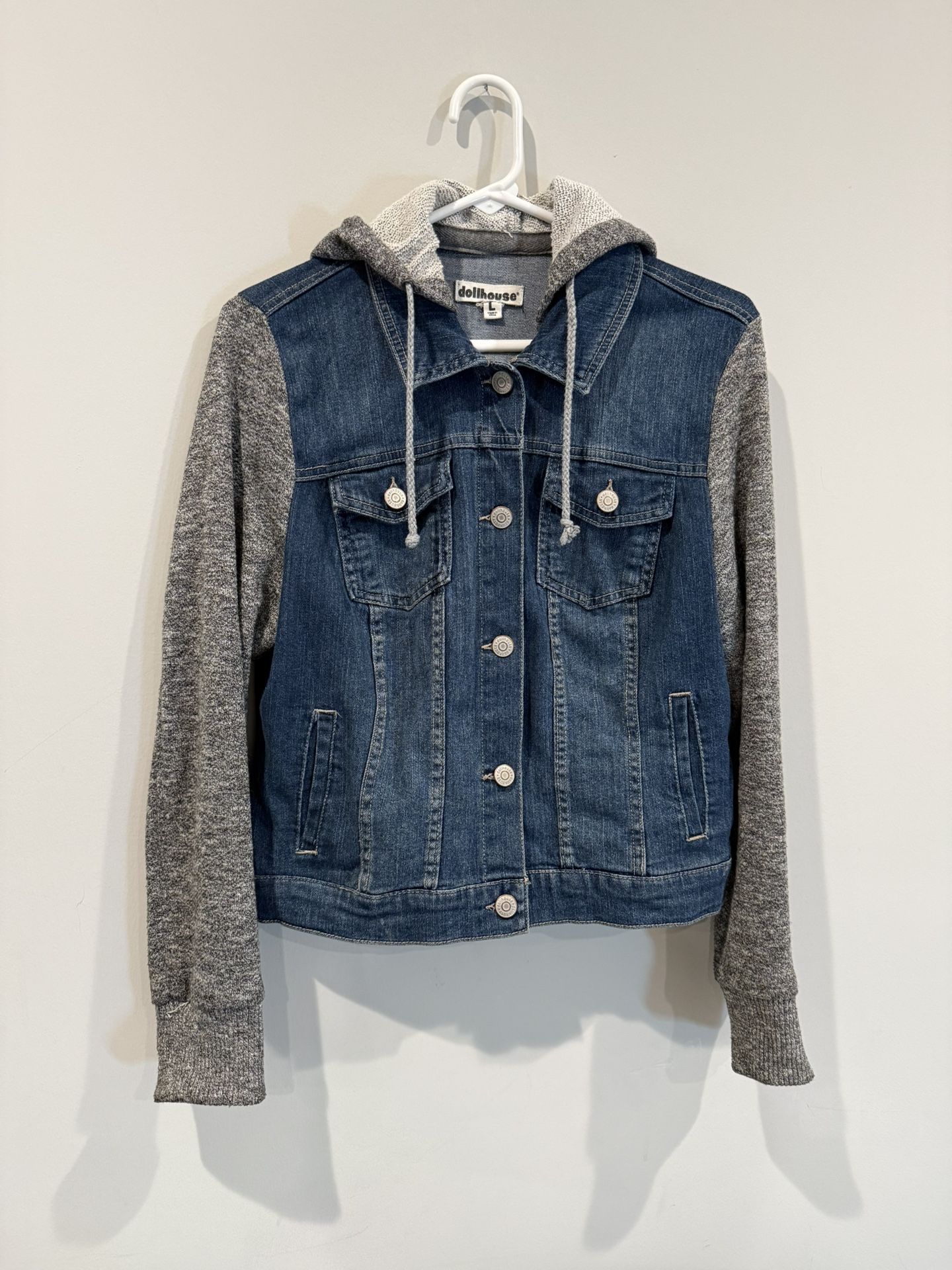 Dollhouse Denim and Gray Hooded Jacket Large