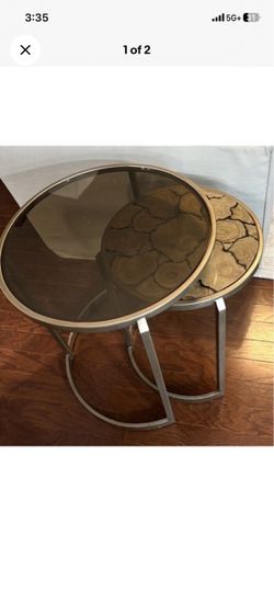 Modern Nesting Tables Set Glass Top Metal Frame Round Accent End Tables