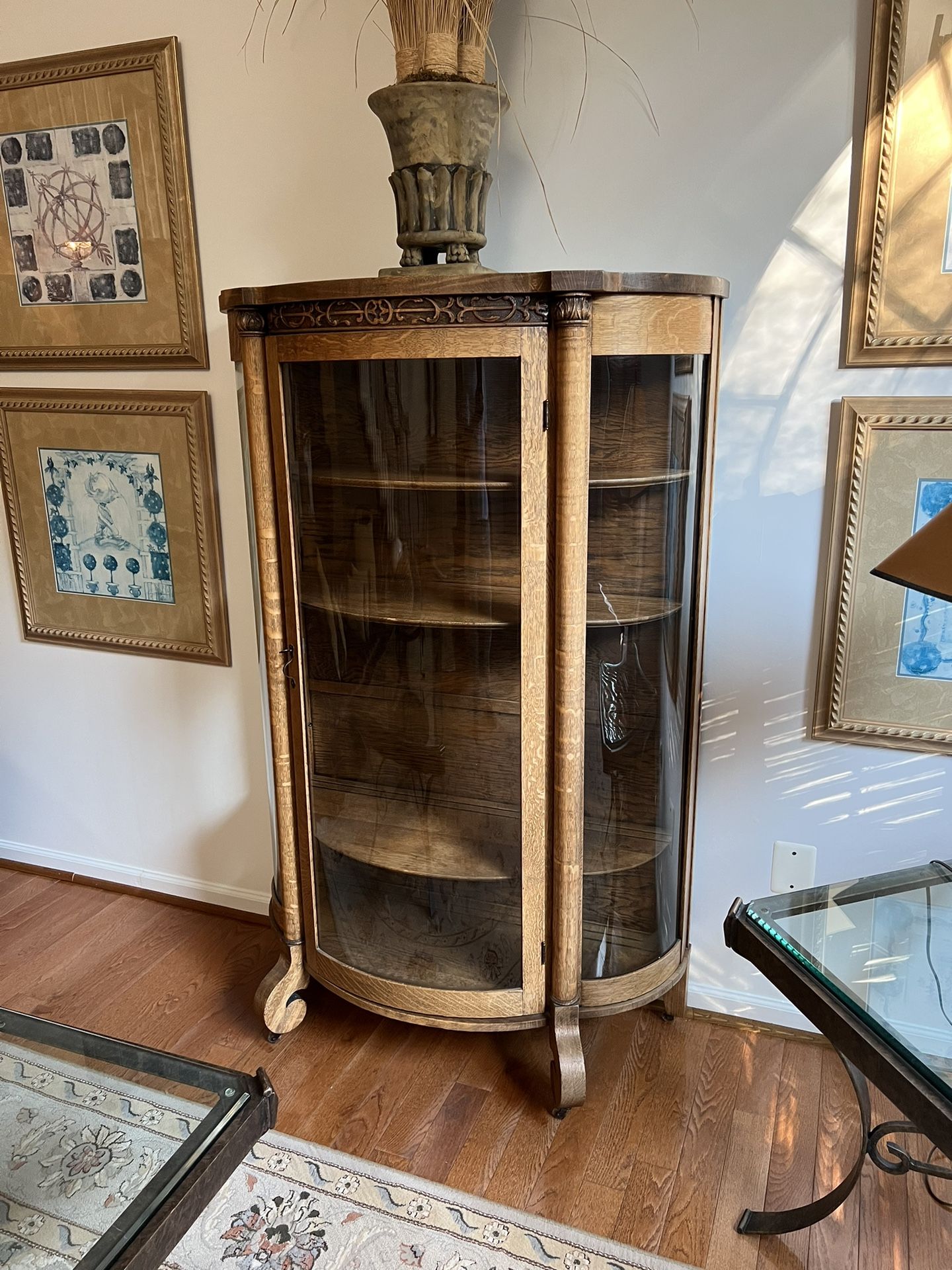 Antique Tiger Oak Cabinet, Bow Front China Cabinet