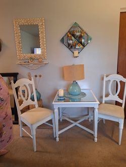 Beautiful White Wooden Sitting Table W/2 Chairs