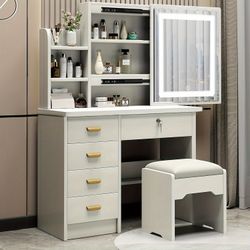 Dressing Table Vanity Table Elegant Lighted Mirror With Drawers Stool Bedroom