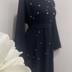Long Modest Pearl Gown Navy Blue - Belted -