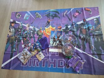 Fortnite birthday party bundle includes banner, tablecloth, cupcake toppers, napkins, utensils , balloons