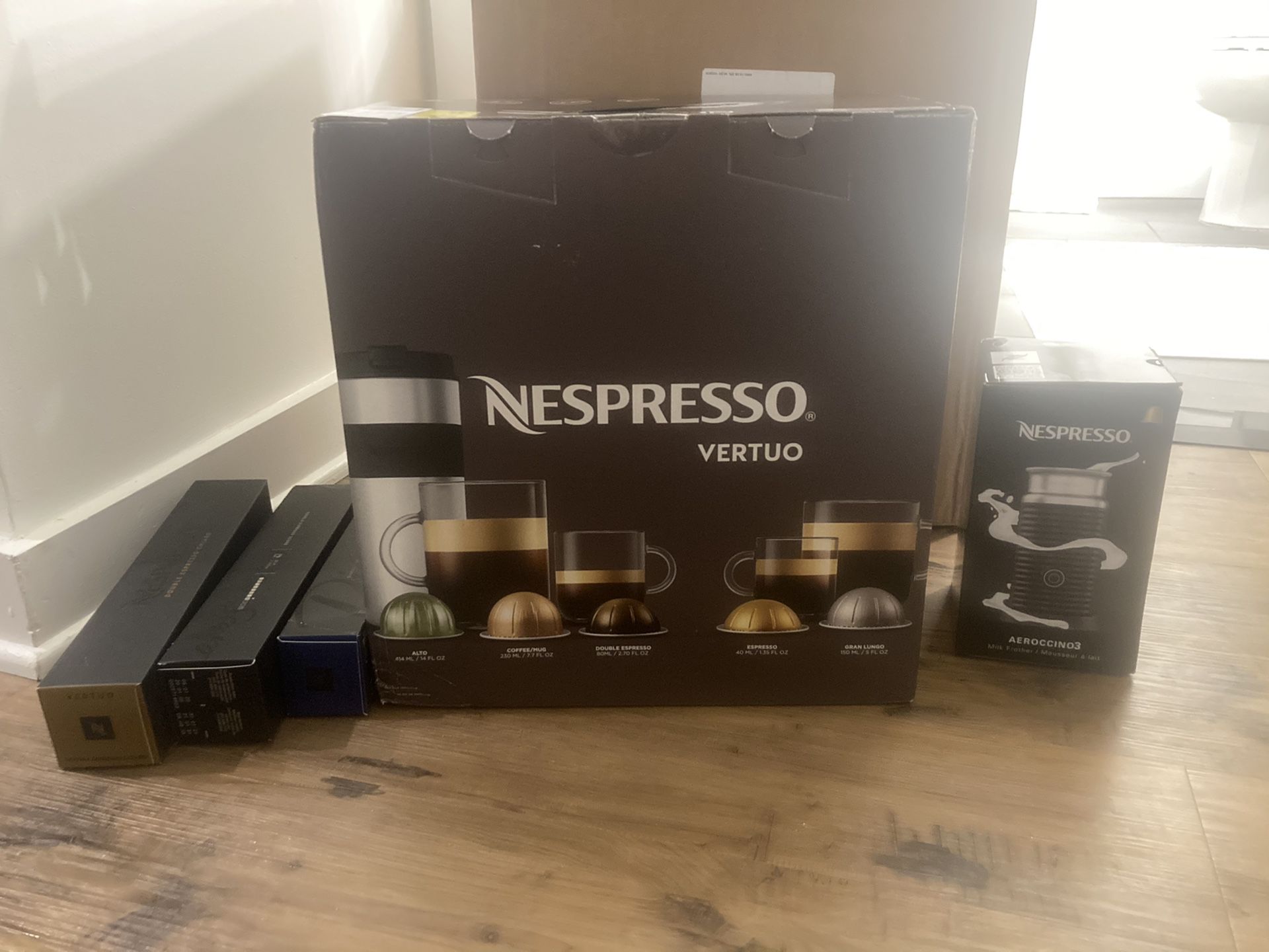 Unopened Nespresso by Breville Vertuoline Machine with Aeroccino and coffee sleeves