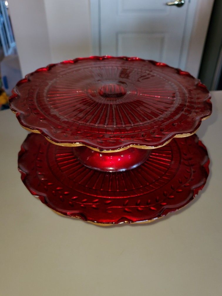 Set Of 2, Red glass With Gold Detail cake or cookie stands $40 obo