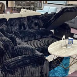 Black JUMBO CURDOROY POPULAR SECTIONAL! HAS BED AND Storage Chaise