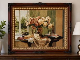 Large Framed Floral Tapestry Wall Art – Ornate Wood Frame - $150 (Elk Grove)