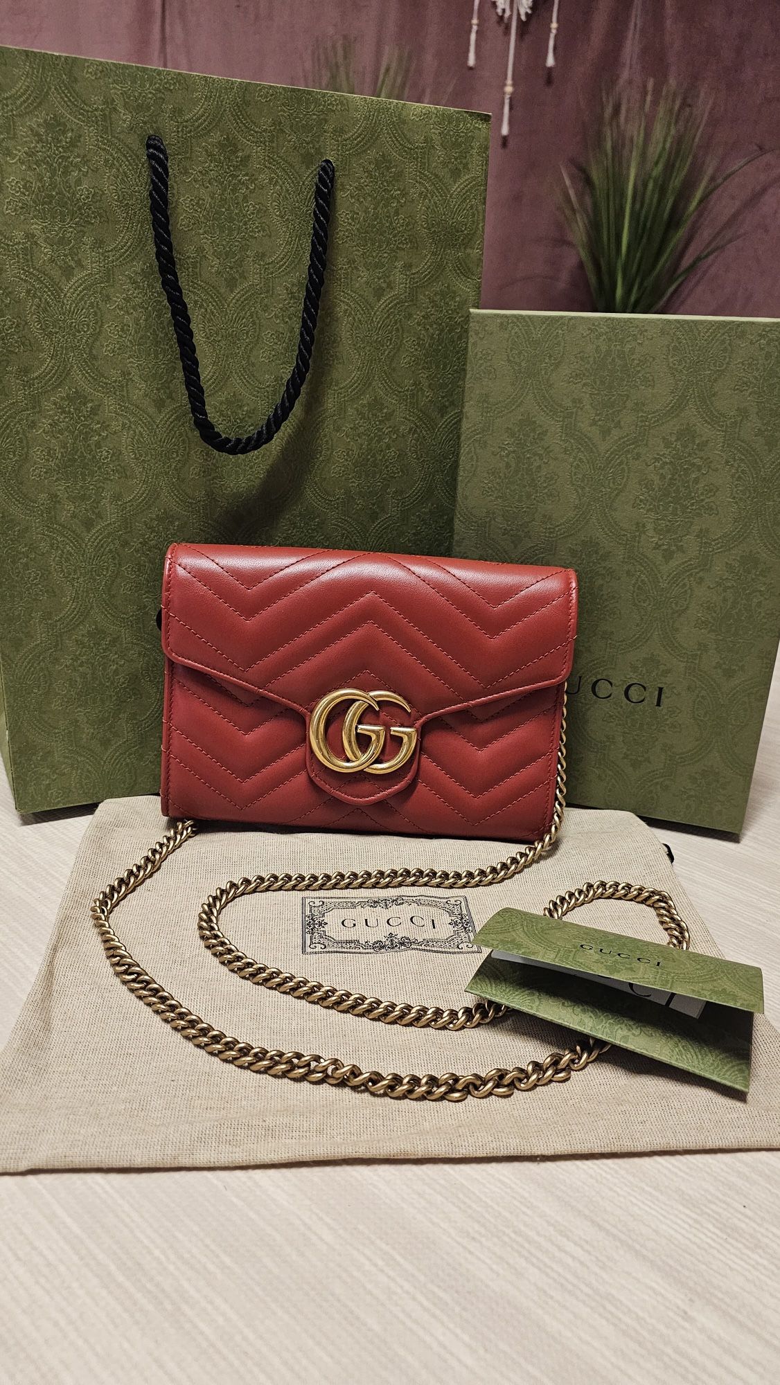 Gucci GG Marmont Wallet on Chain – Red Leather, Like New, w/ Receipt