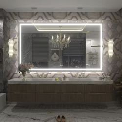 66 in. W × 40 in. H Rectangular Frameless Front and Back LED Lighted Anti-Fog Tempered Glass Wall Ba