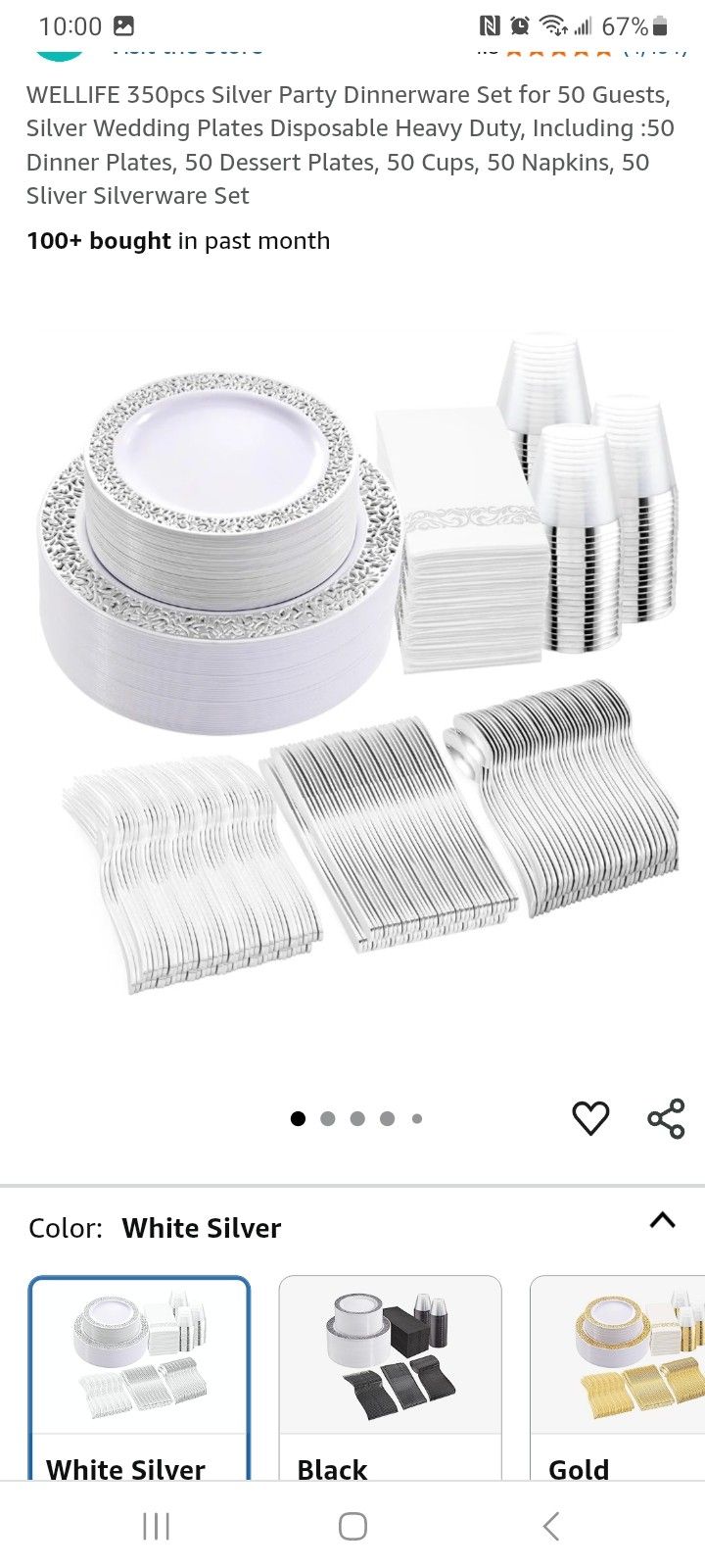350 piece silver and white plastic dinnerware set for wedding birthday quince etc
