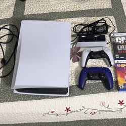 PS5 825GB Disc Edition with 2 controllers, charging stand, games