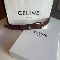 CELINE Women's Burgundy Belt Gold Buckle Logo Accent