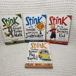 Stink book set The Incredible shrinking kid , The Incredible super galactic jaw breaker , The great guinea pig express and The midnight zombie walk . 