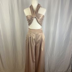 Champagne blush pink silk satin wide pant high waisted wrap tube top halter set