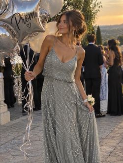 Lulus Size 4 Sage Silver Sequin Beaded Maxi Prom Dress – Formal Evening Gown