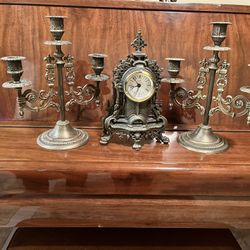Antique Solid Bronze Clock With 2 Candle Holders