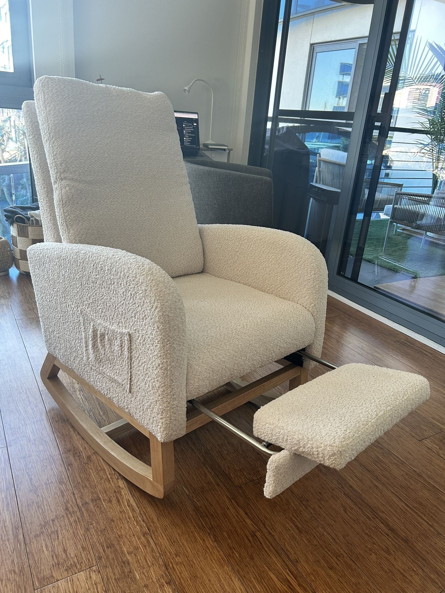 Bouclé Rocking Chair + Footrest — Like New | Coastal + Modern Style