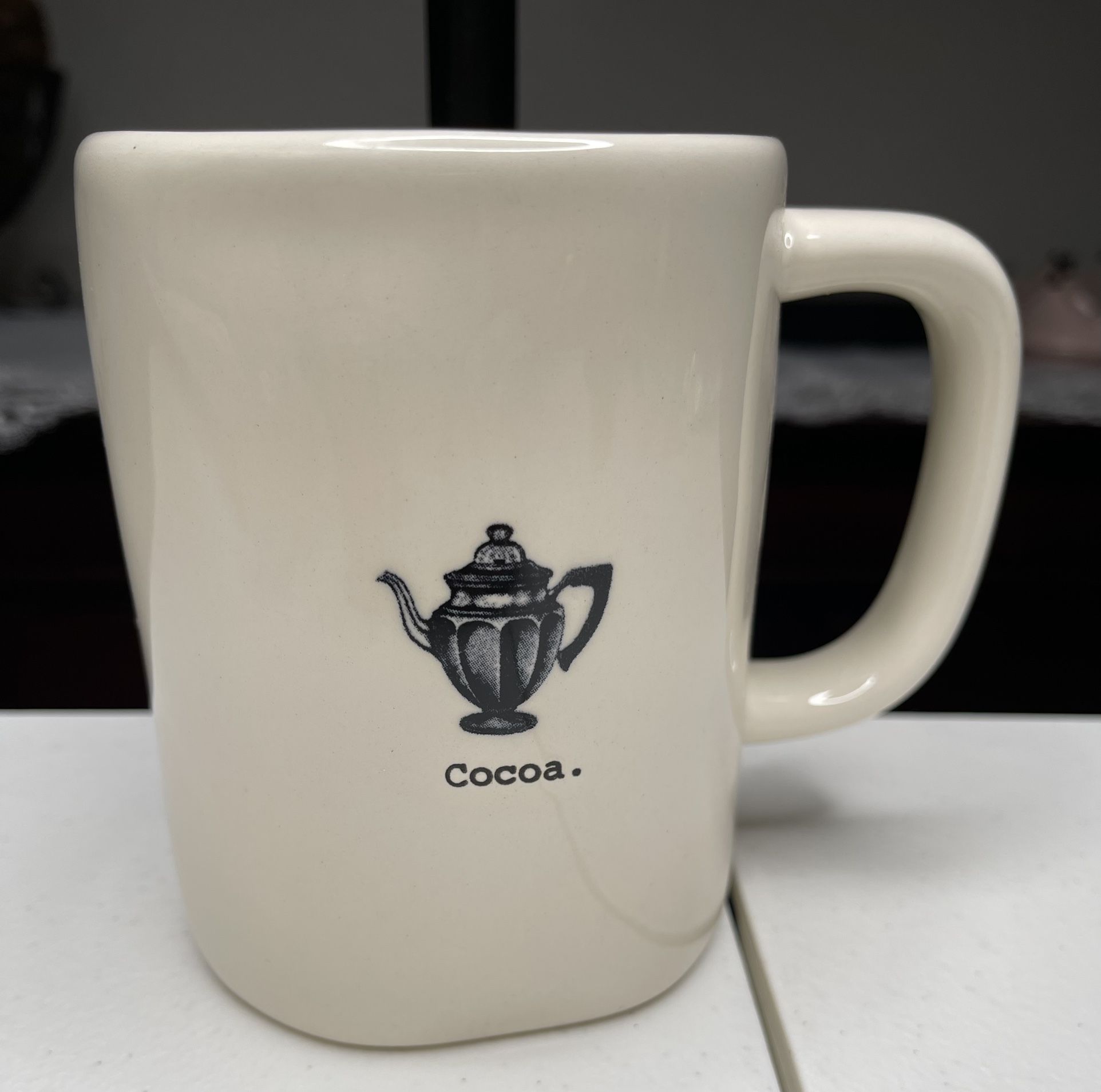 Rae Dunn Cocoa Mug with antique cocoa pot design