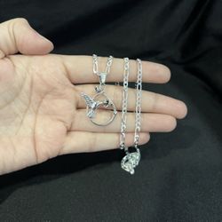 925 Sterling Silver Women Men Hummingbird Flowers Pendant Figaro Chain