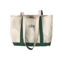 VINTAGE LL BEAN BOAT AND TOTE BAG CANVAS BEIGE GREEN HANDLE STRAPS MADE IN USA