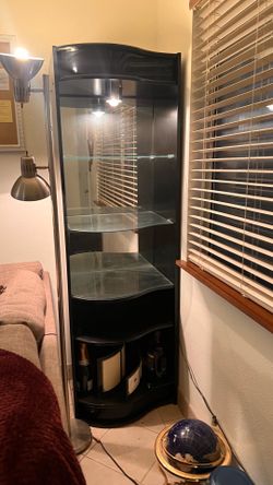 Curio cabinet, tables with lights, side table