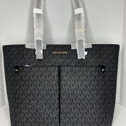 Michael Kors Medium Jet Set Logo Pocket Tote Bag Black Leather