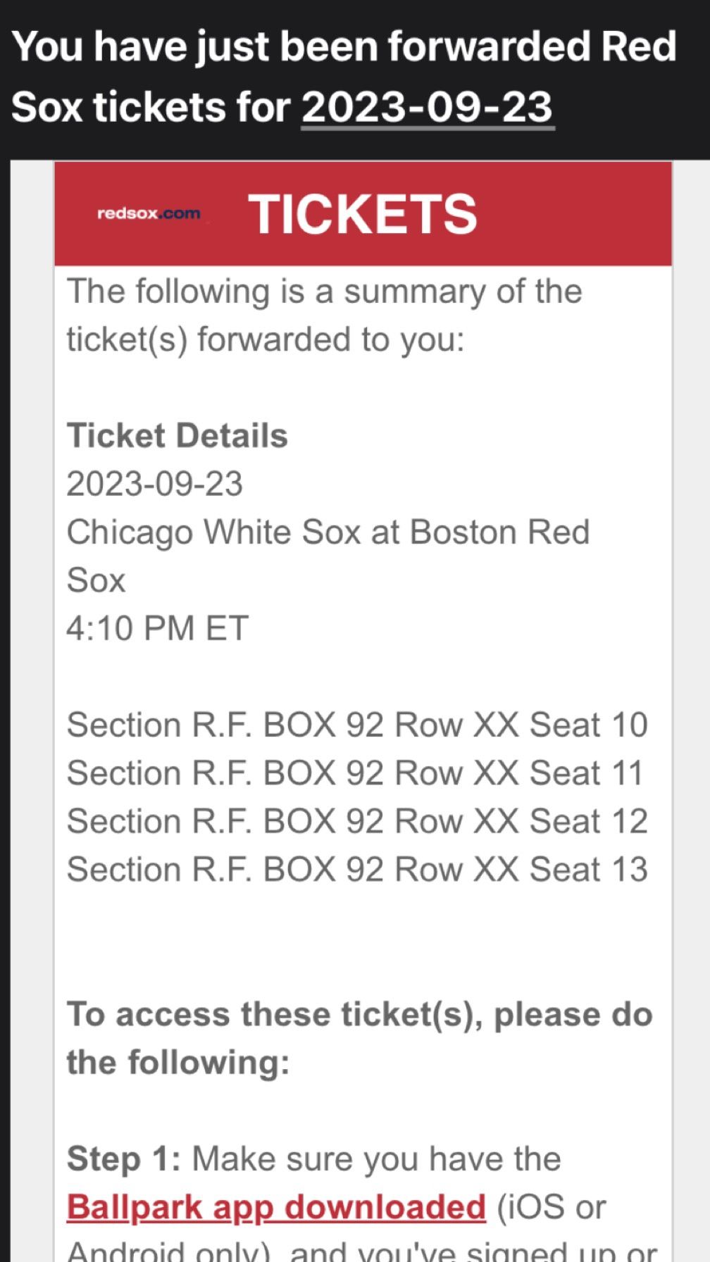 4 Red Sox Tickets for game on 9/22