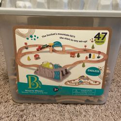B Toys Wood & Wheels Wooden Train Set in a Bucket 