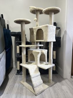 61in Cat Tree Cat Tower for Indoor Cats, Cat Furniture w/Double Cat Condo, Scratching Posts, Multiple Platforms and Balls for Kittens & Cats, Beige