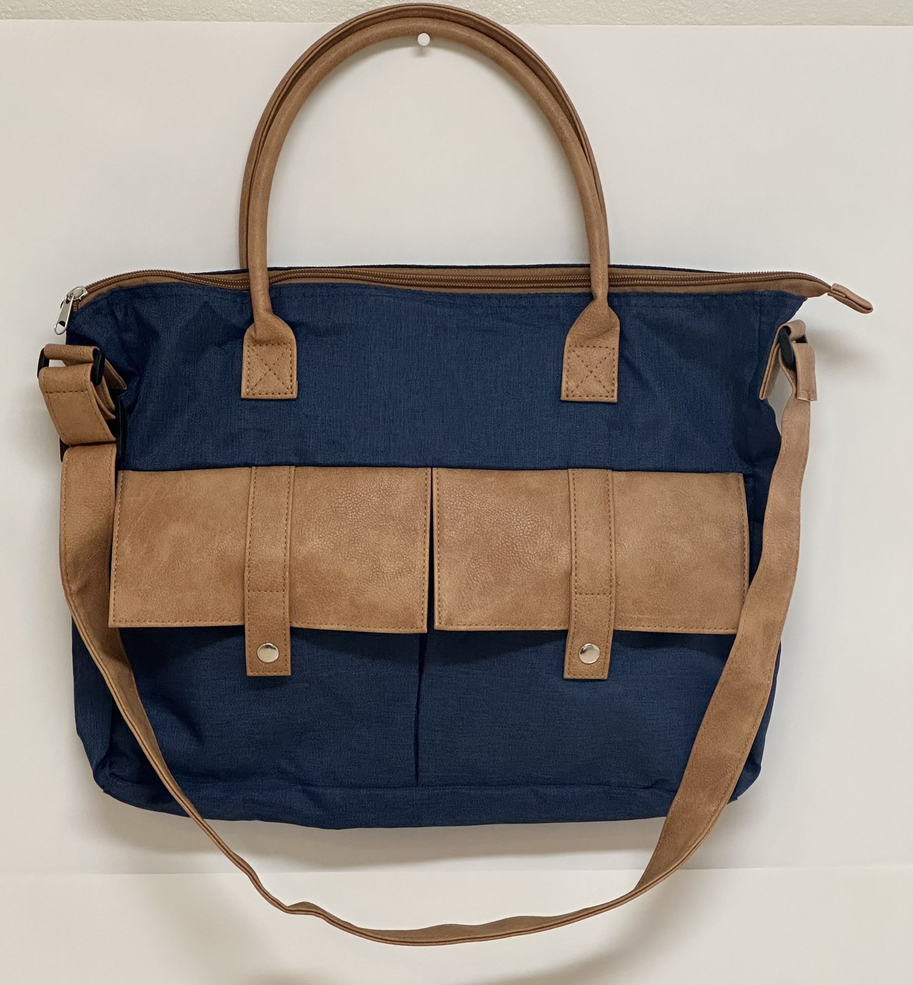 The AARP Classic Courier Organizer Laptop Bag Blue Brown Pockets Denim Shoulder Bag