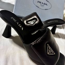 PRADA Padded Leather Logo Mule Heels Black Square Toe Women's EU 39 Slip On