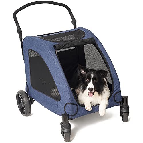 LATGLEND 4 Wheel Foldable Pet Stroller For Dog, Breathable With Adjustable Handle Medium Or Large Dog And Cat, Light Easy Fold EVA Brake Mesh Windows,