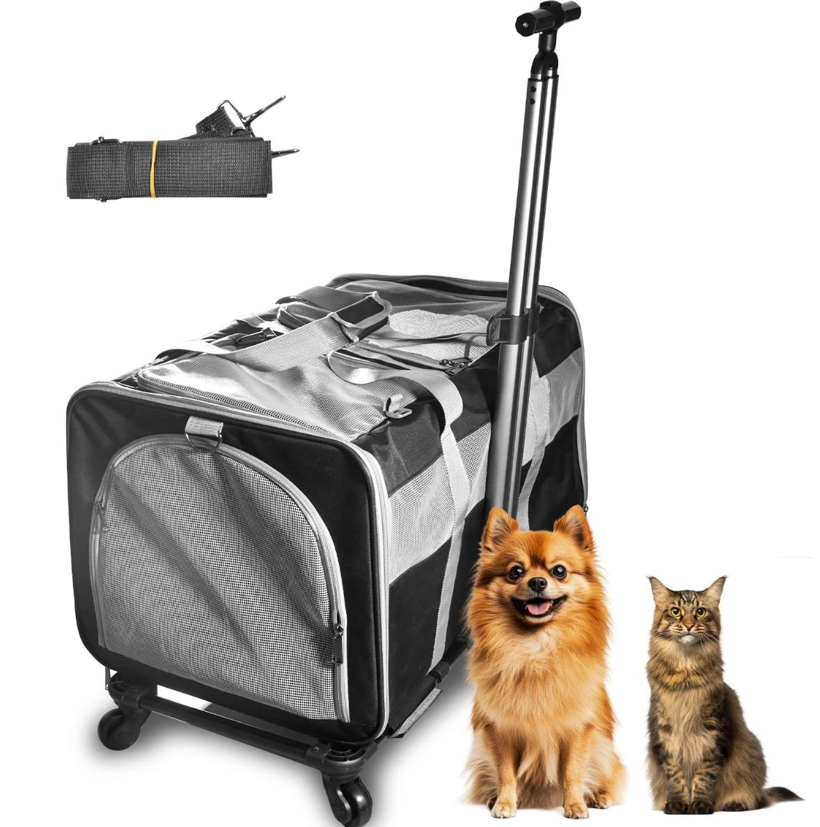 Carrier For 2 Cats, Large Dog Cat Carrier With Wheels For Under 44lbs, Rolling Pet Carrier With Removable Pole Platform And Upgraded Wheels Dog Cat Tr