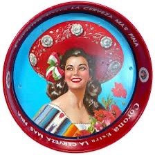 This is a vintage Corona Extra and Victoria metal beer serving tray with a pin-up girl graphic. • It features vibrant branding for the Mexican beers C