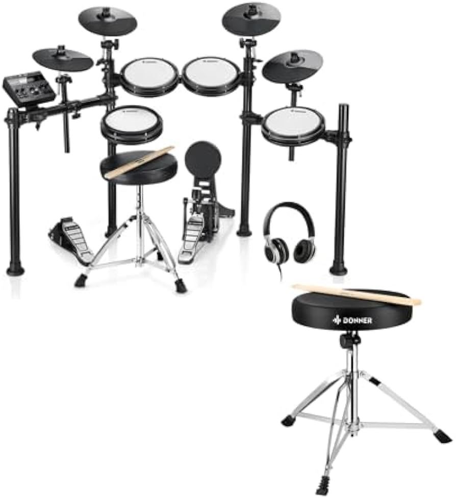Donner DED-200X Electronic Drum Set With Quiet Mesh Pads, Throne Set, Padded Adjustable Stool, and 5A Drumsticks