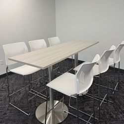 High Top Office Table + 6 Stools – Modern Silver Birch – Like New