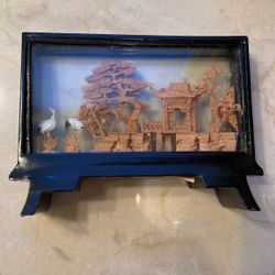 Antique Art Wood Carving In Glass Display Case 