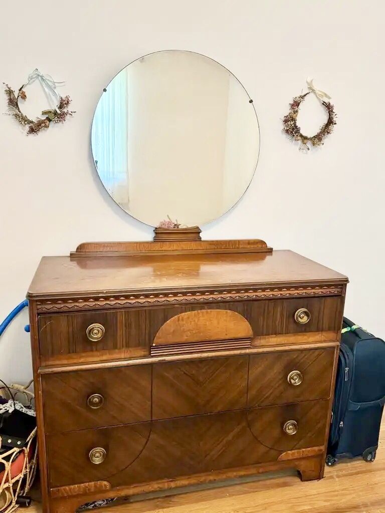 Vintage Art Deco Waterfall Dresser With Mirror - Will Deliver