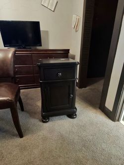 Black Wood Nightstand with Drawer and Cabinet