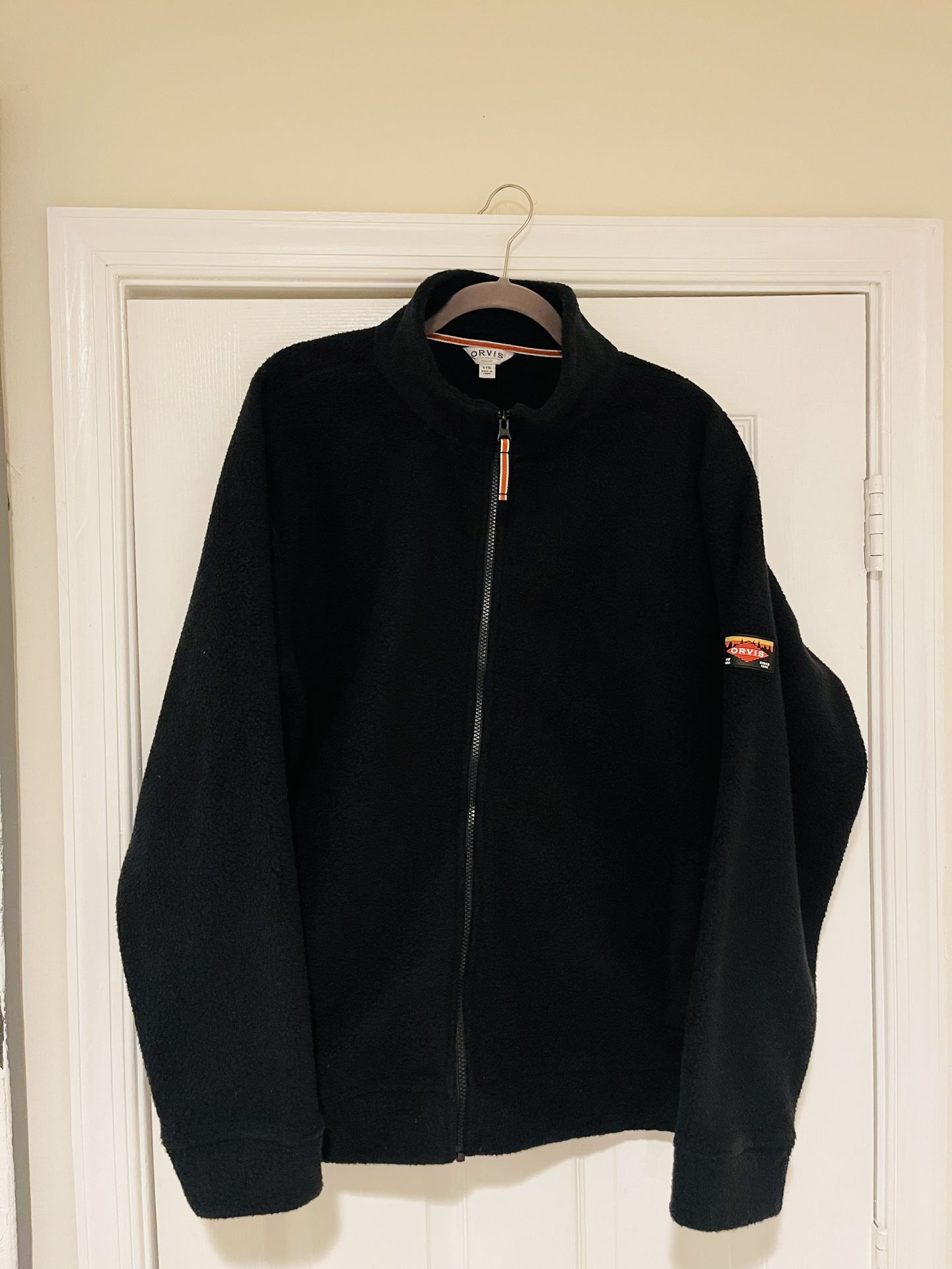 Men’s Orvis Full Zip Heavyweight Fleece Arm Logo Black Jacket Size Large