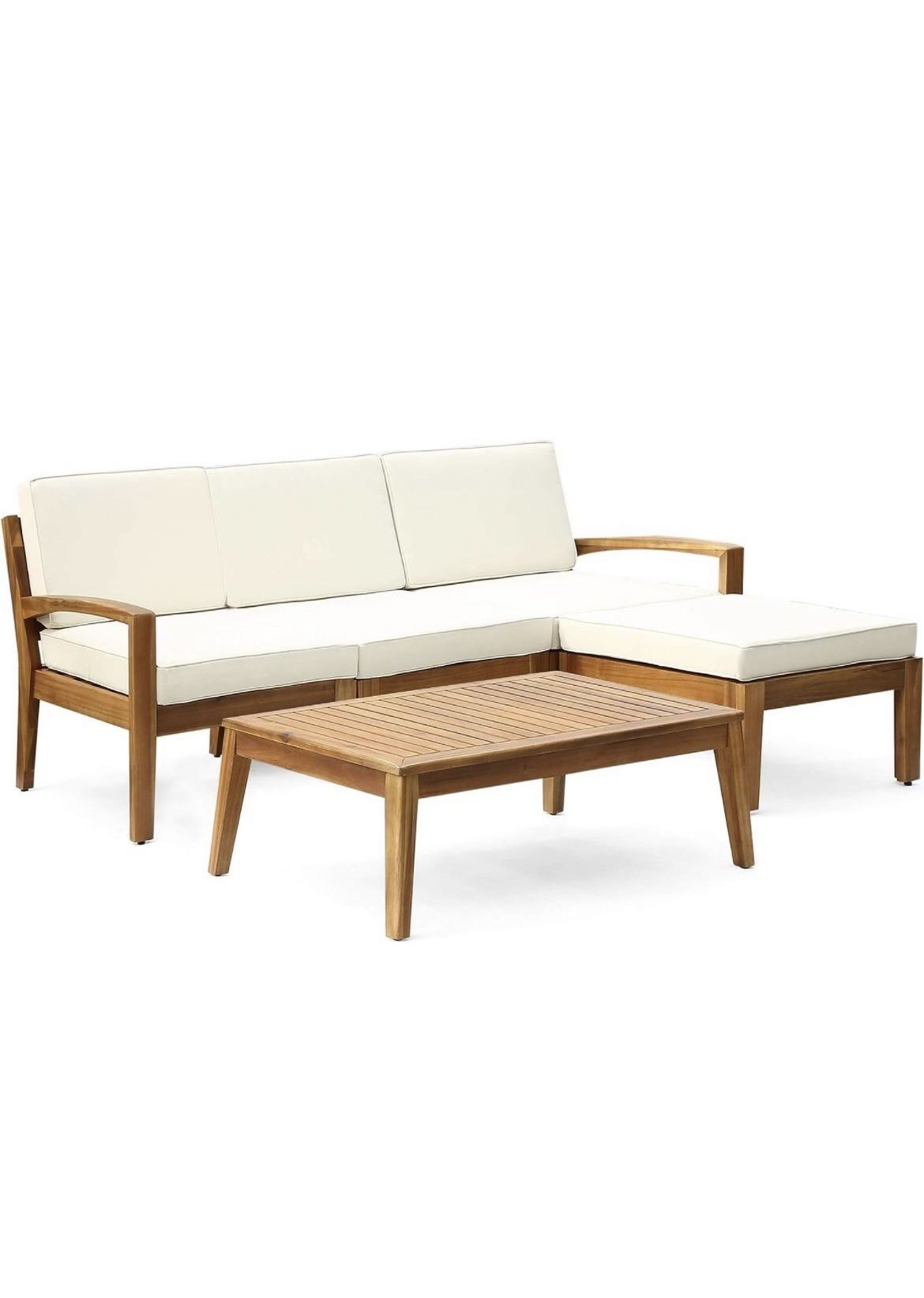 LIKE NEW Patio Sofa Set with Ottoman and Table - Cream and Wood - Retail $800