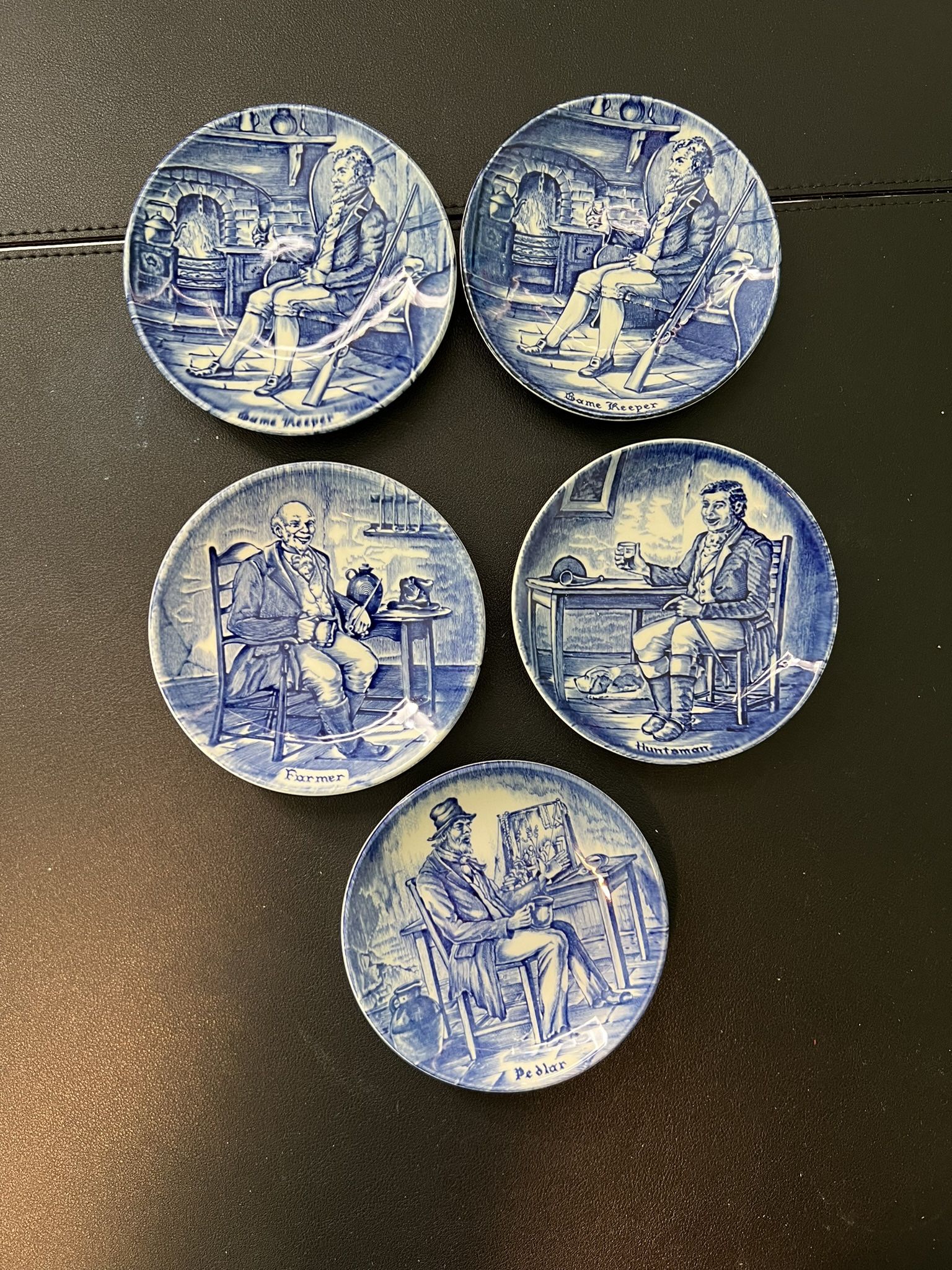 Enoch Wedgwood Tunstall Vintage 1950s 5 Old English Characters Blue White Plates