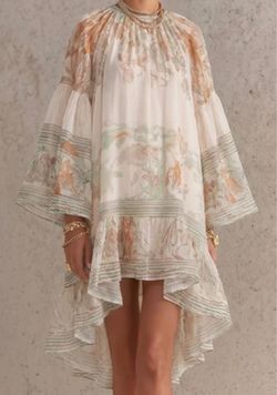 Flared Sleeves High-Low Flower Print Pleated Mock Neck Mini Dresses